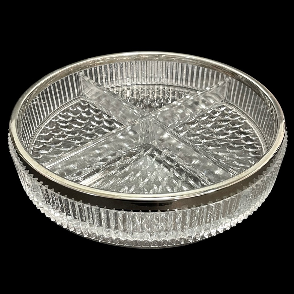 Vintage 1950s Bleikristall England Lead Crystal Divided Relish Dish Chrome Rim